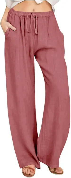 Women Casual Cotton Linen Pants Drawstring Elastic Waist Long Wide Leg Pants Solid Color Leisure Comfy Trousers