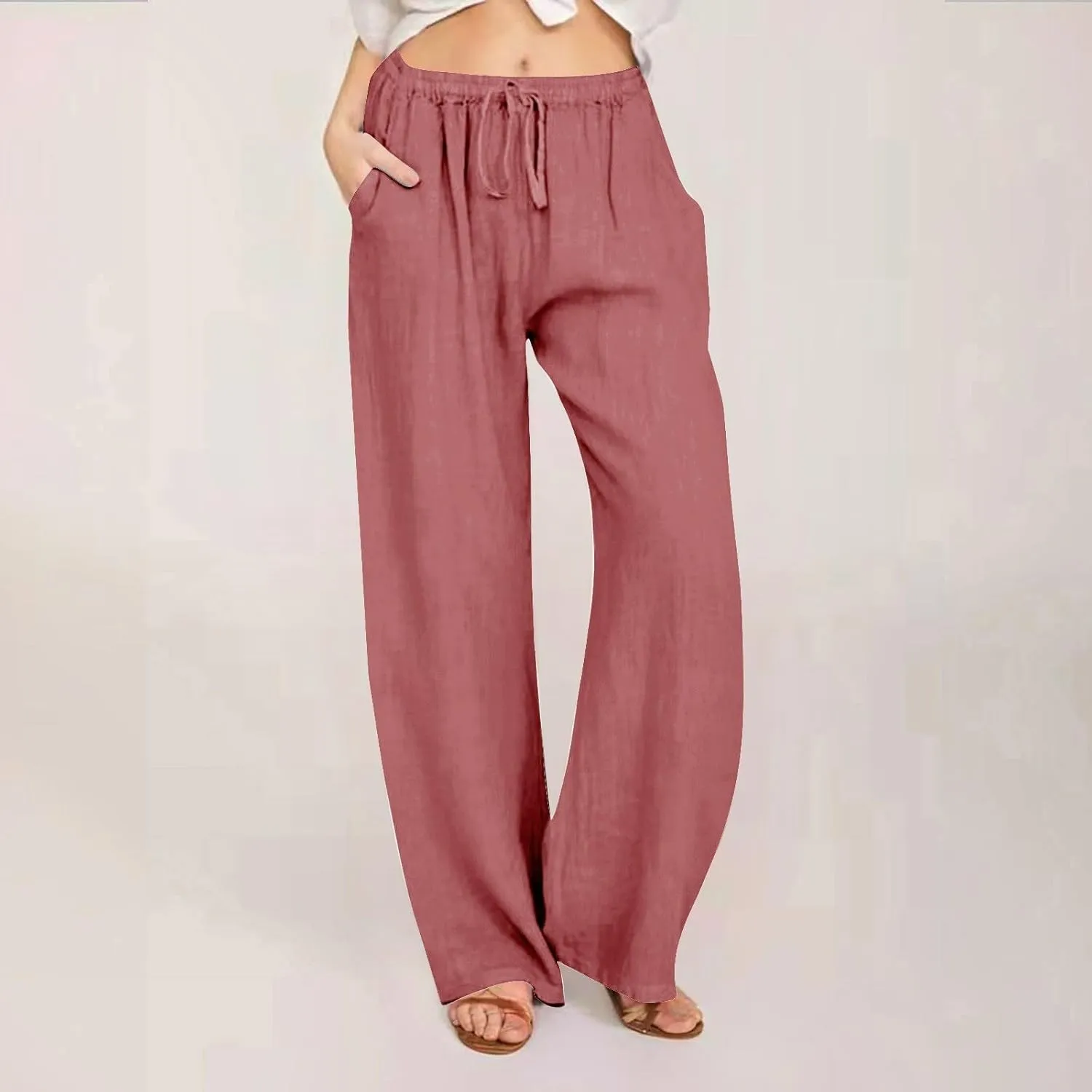 Women Casual Cotton Linen Pants Drawstring Elastic Waist Long Wide Leg Pants Solid Color Leisure Comfy Trousers