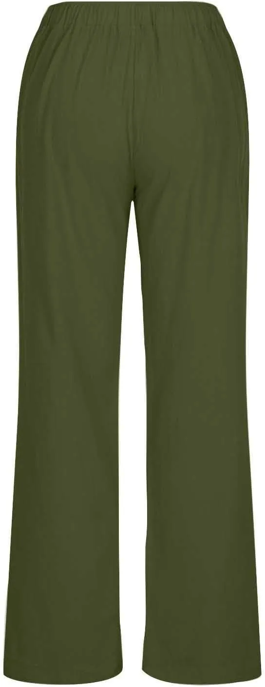 Women Casual Cotton Linen Pants Drawstring Elastic Waist Long Wide Leg Pants Solid Color Leisure Comfy Trousers