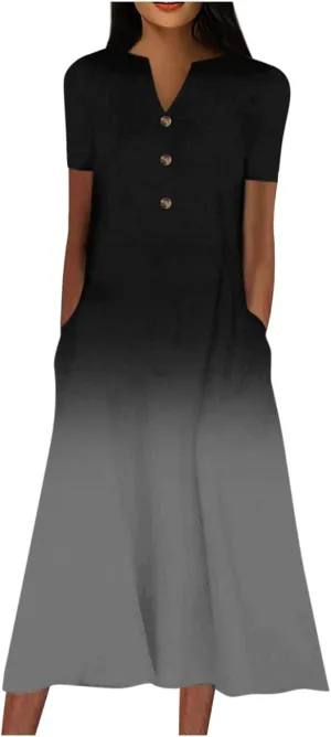 Women Casual Loose Bohemian Floral Dress with Pockets Short Sleeve Long Maxi Summer Beach Shift Dress
