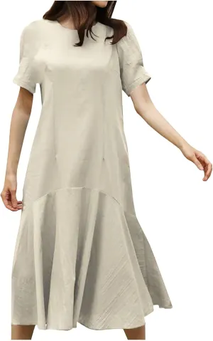Women Cotton Linen Retro Fishtail Hem T-Shirt Dress Summer Short Sleeve Crewneck Casual Dressy Solid Sheath Dress