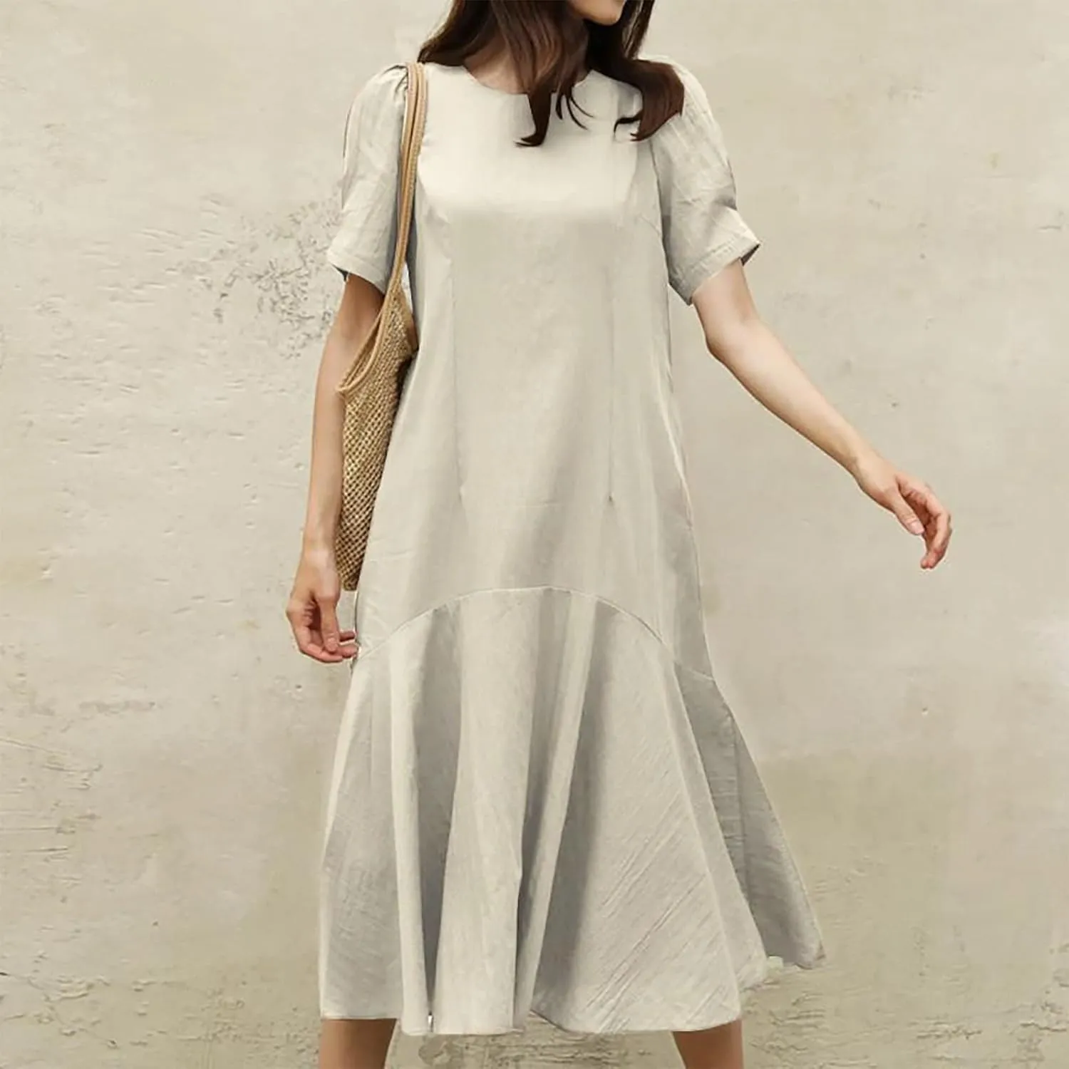 Women Cotton Linen Retro Fishtail Hem T-Shirt Dress Summer Short Sleeve Crewneck Casual Dressy Solid Sheath Dress