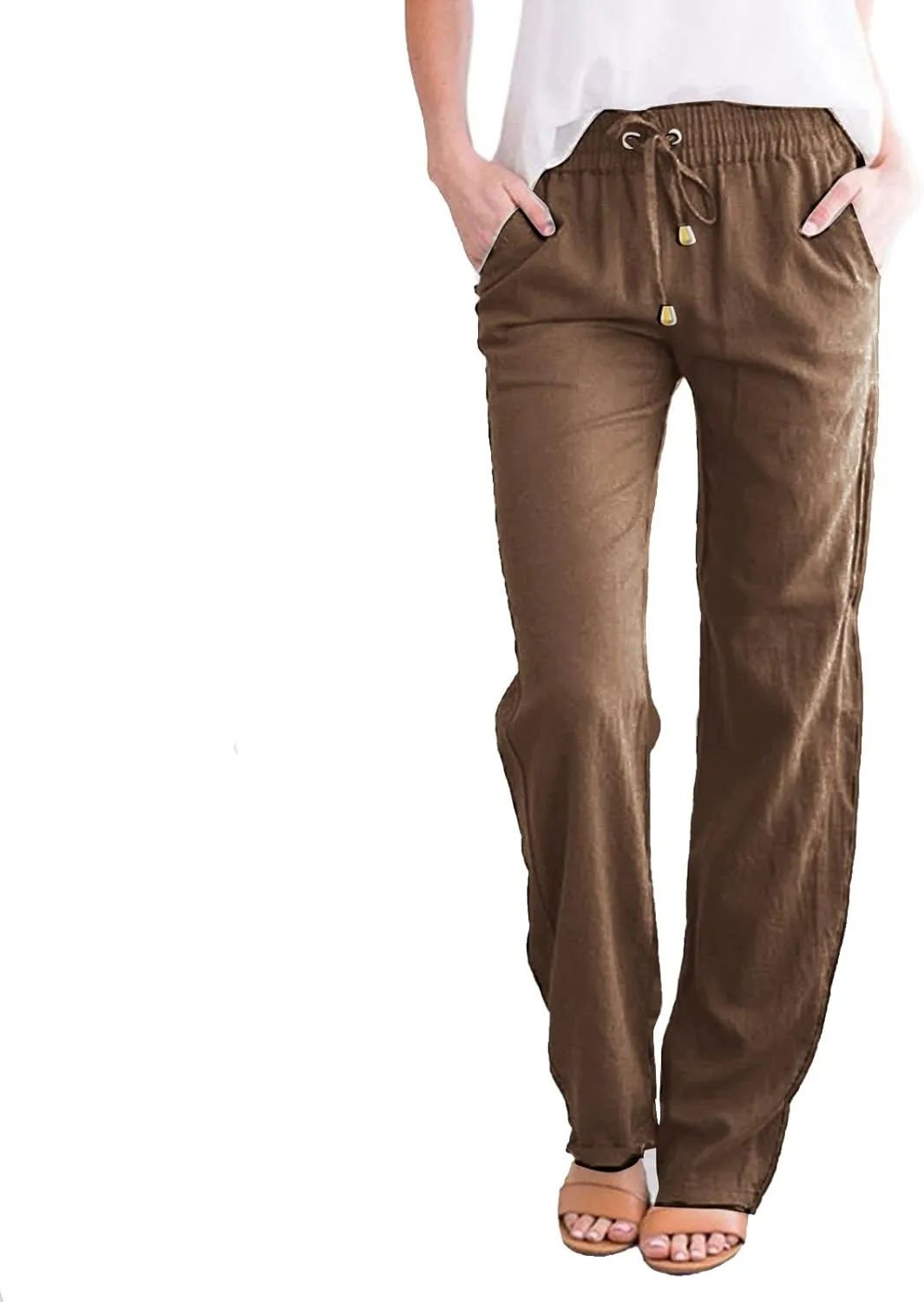 Women Cotton Linen Summer Drawstring Pant Trousers Elastic Waisted Baggy Stretchy Slim-Fit Palazzo Pants Trendy