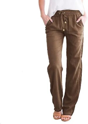 Women Cotton Linen Summer Drawstring Pant Trousers Elastic Waisted Baggy Stretchy Slim-Fit Palazzo Pants Trendy