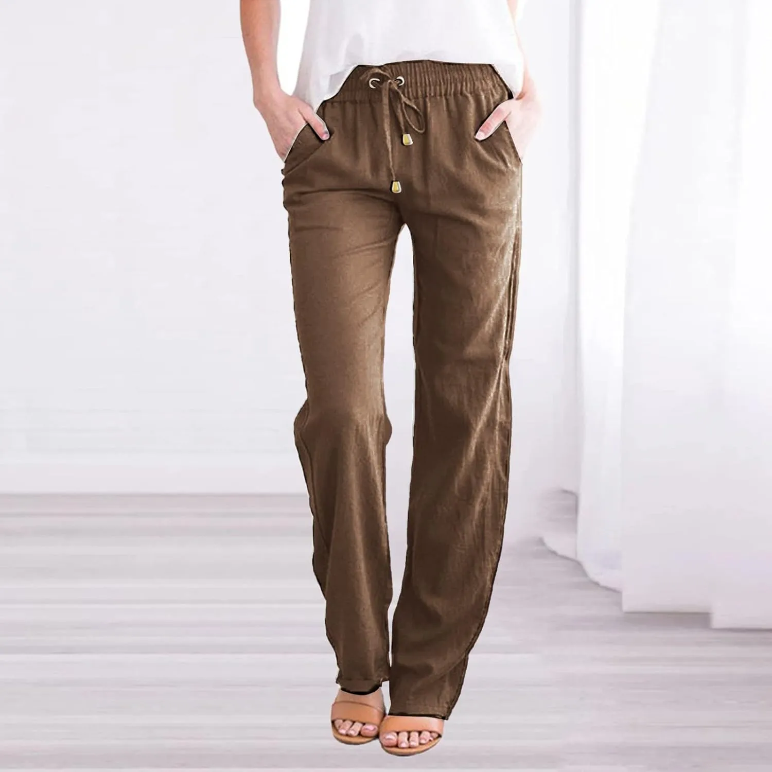 Women Cotton Linen Summer Drawstring Pant Trousers Elastic Waisted Baggy Stretchy Slim-Fit Palazzo Pants Trendy