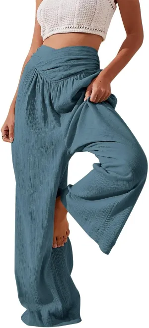 Women Culottes Wide Leg Pants Wide Leg Palazzo Linen Drawstring Cropped Trousers Elastic Waist Casual Pants Pockets
