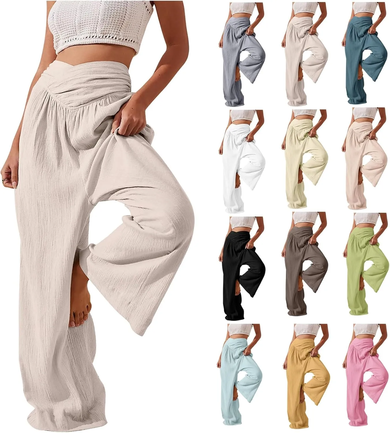 Women Culottes Wide Leg Pants Wide Leg Palazzo Linen Drawstring Cropped Trousers Elastic Waist Casual Pants Pockets