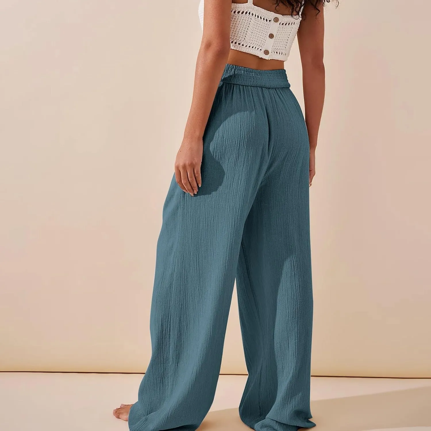 Women Culottes Wide Leg Pants Wide Leg Palazzo Linen Drawstring Cropped Trousers Elastic Waist Casual Pants Pockets
