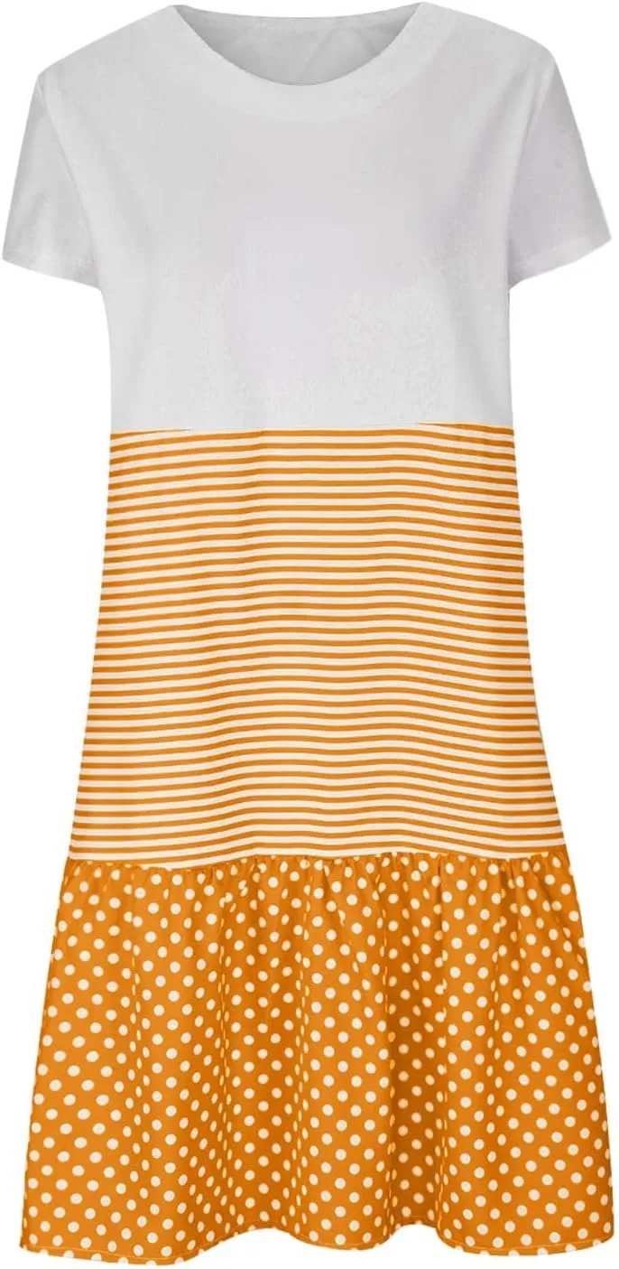 Women Cute Summer Dresses Color Block Short Sleeve Dress V Neck Flowy Dresses Boho Beach Vacation Clothing 2024