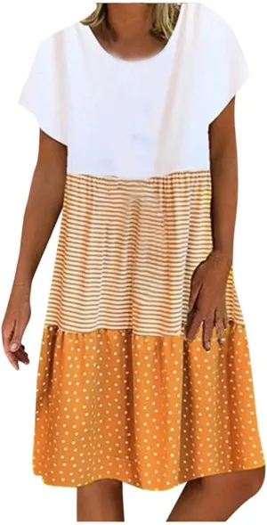 Women Cute Summer Dresses Color Block Short Sleeve Dress V Neck Flowy Dresses Boho Beach Vacation Clothing 2024