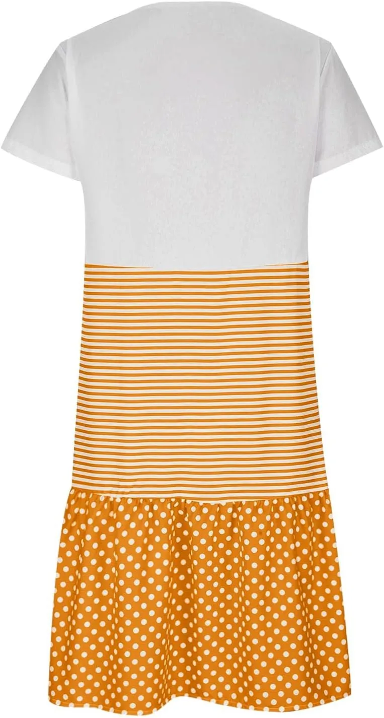 Women Cute Summer Dresses Color Block Short Sleeve Dress V Neck Flowy Dresses Boho Beach Vacation Clothing 2024