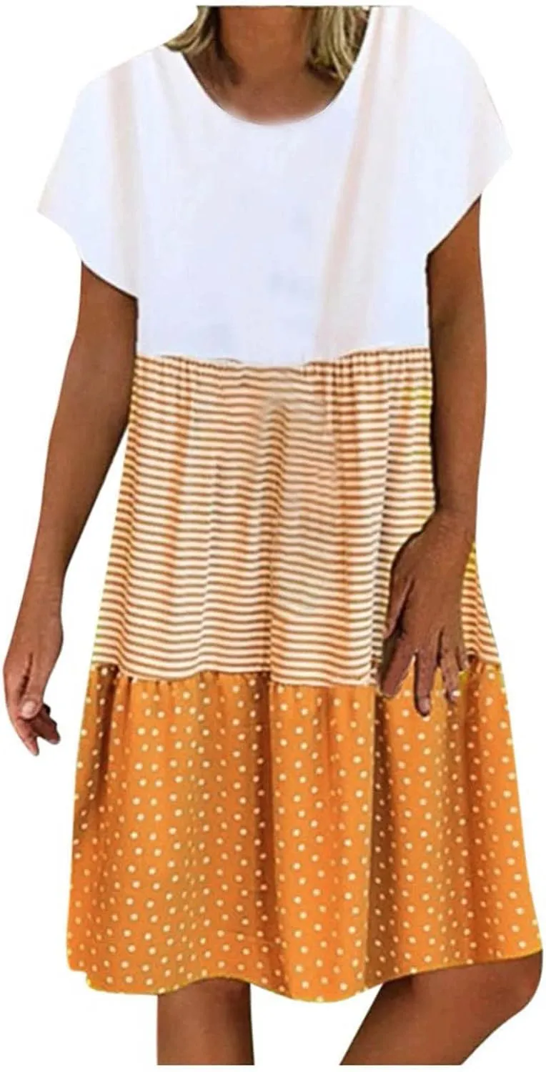 Women Cute Summer Dresses Color Block Short Sleeve Dress V Neck Flowy Dresses Boho Beach Vacation Clothing 2024