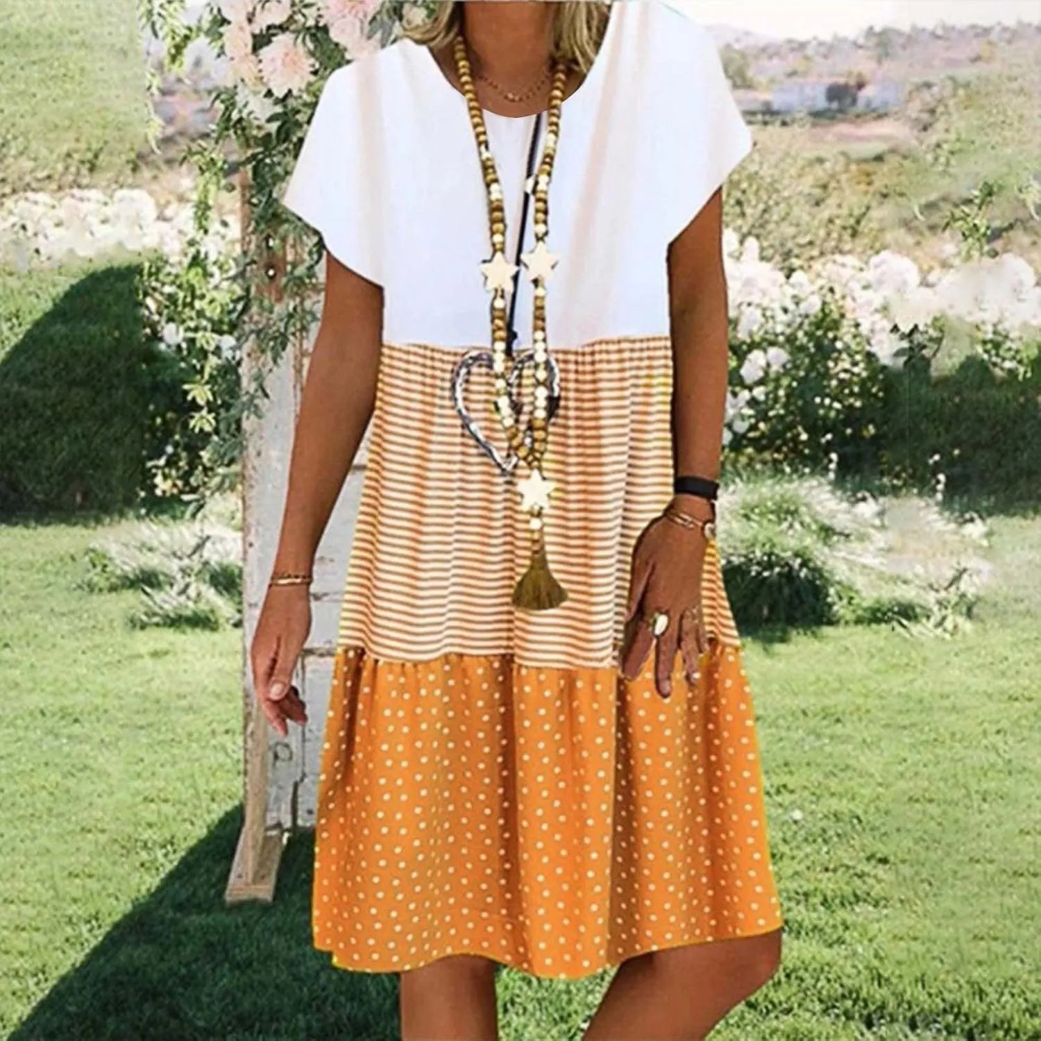 Women Cute Summer Dresses Color Block Short Sleeve Dress V Neck Flowy Dresses Boho Beach Vacation Clothing 2024