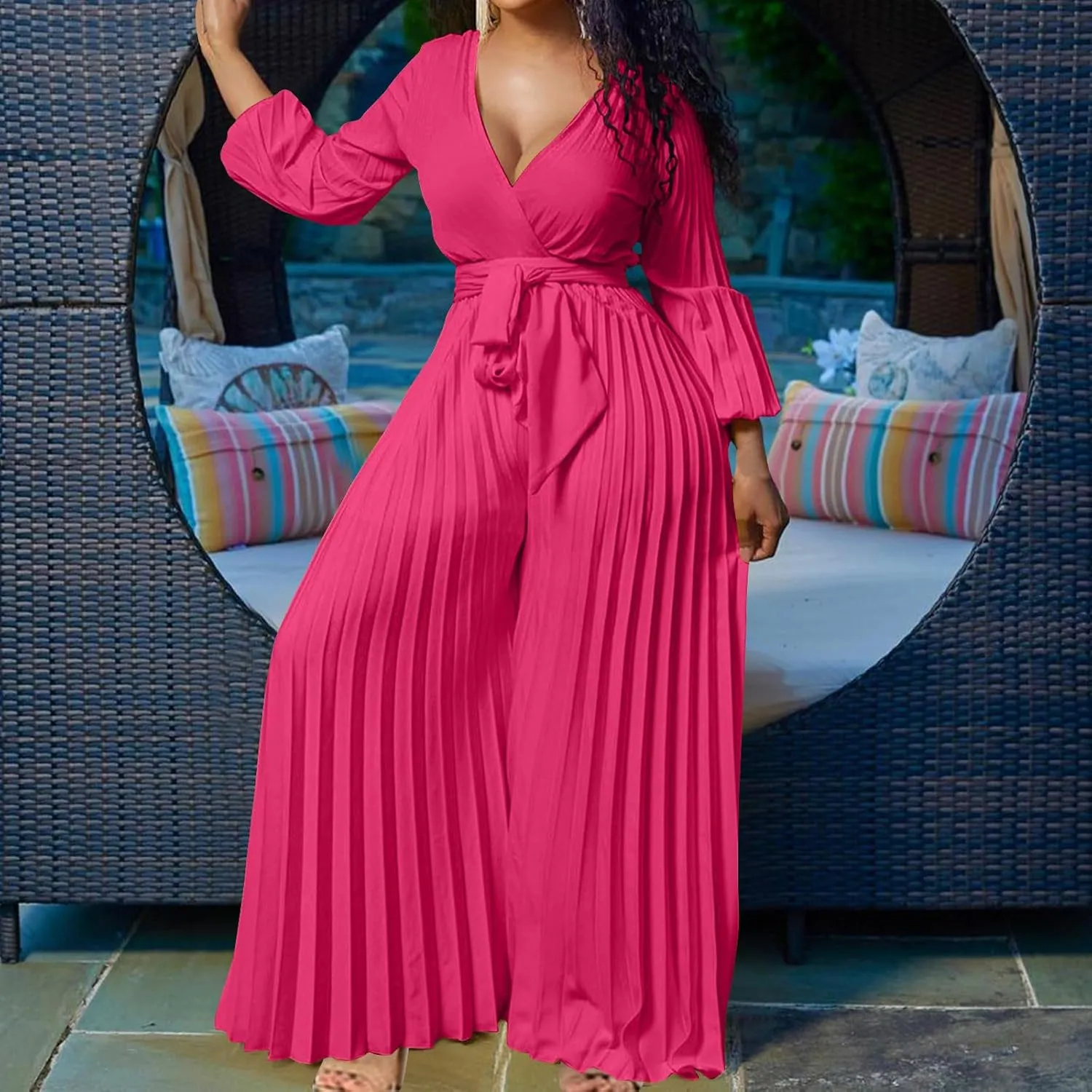 Women Elegant Full Pleated Jumpsuit Lantern Long Sleeve Sexy Wrap V Neck One Piece Belted High Waist Wide Leg Romper