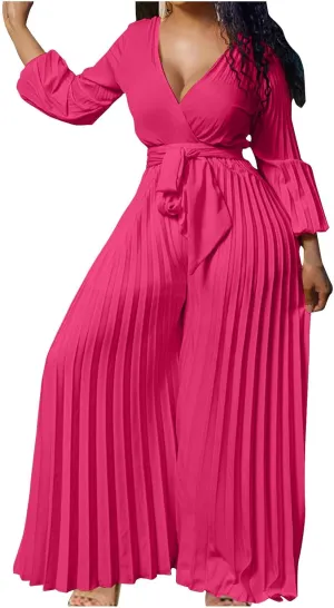 Women Elegant Full Pleated Jumpsuit Lantern Long Sleeve Sexy Wrap V Neck One Piece Belted High Waist Wide Leg Romper
