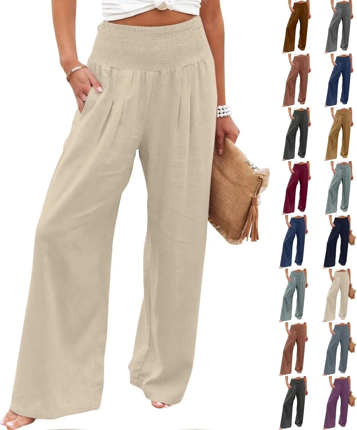Women Linen Palazzo Pants Summer Wide Leg High Waist Trousers Casual Lounge Pant 2025 Beach Travel Vacation Outfits