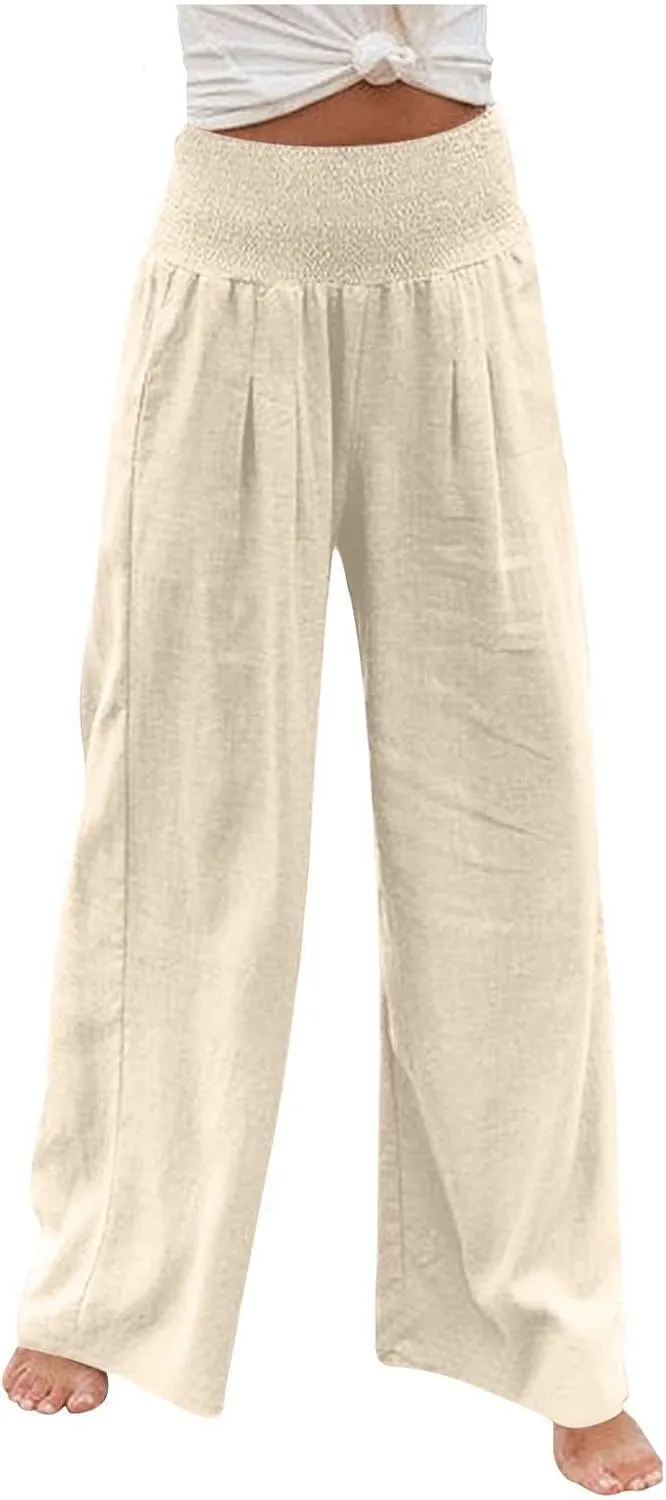 Women Linen Palazzo Pants Summer Wide Leg High Waist Trousers Casual Lounge Pant 2025 Beach Travel Vacation Outfits