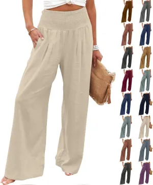 Women Linen Palazzo Pants Summer Wide Leg High Waist Trousers Casual Lounge Pant 2025 Beach Travel Vacation Outfits