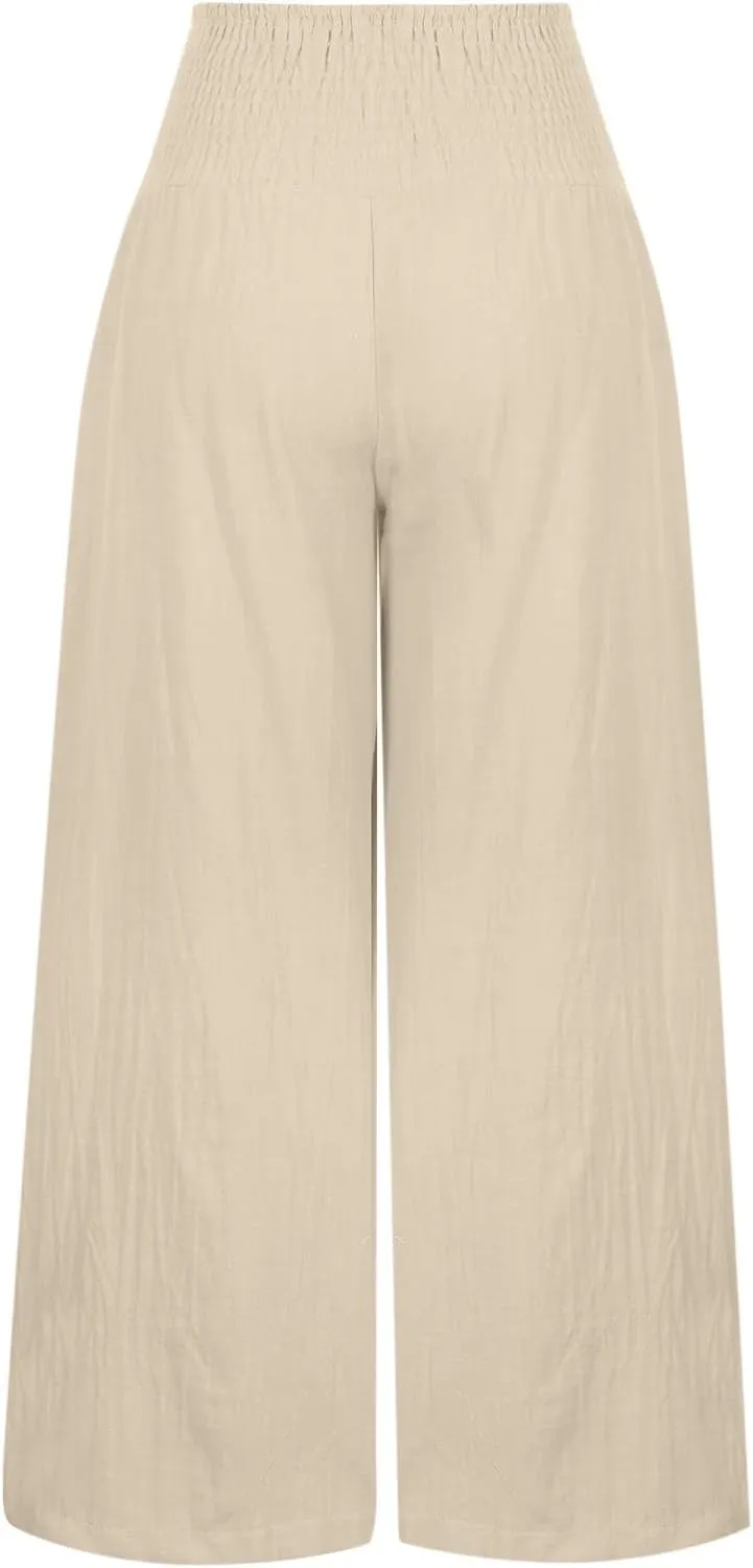 Women Linen Palazzo Pants Summer Wide Leg High Waist Trousers Casual Lounge Pant 2025 Beach Travel Vacation Outfits