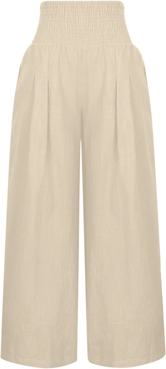 Women Linen Palazzo Pants Summer Wide Leg High Waist Trousers Casual Lounge Pant 2025 Beach Travel Vacation Outfits
