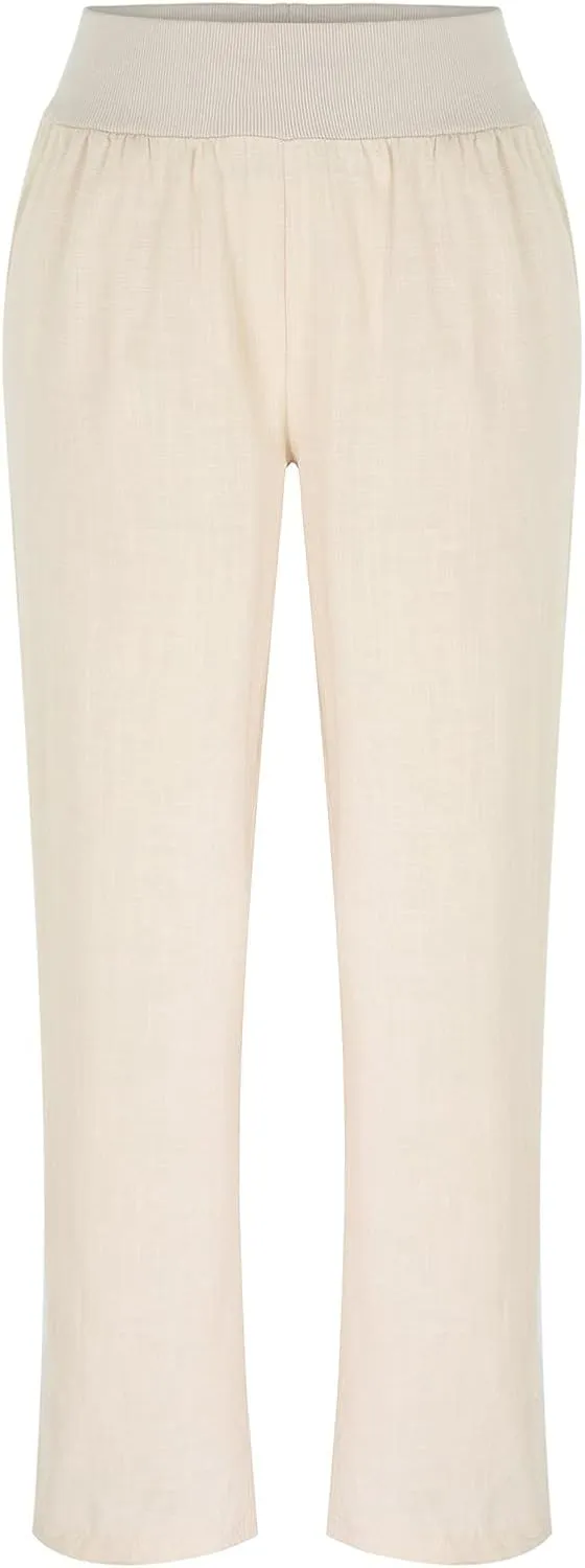 Women Linen Summer Solid Pants High Waist Ankle Length Plus Size Trousers Trendy