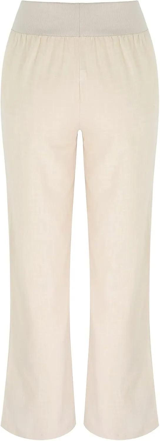 Women Linen Summer Solid Pants High Waist Ankle Length Plus Size Trousers Trendy