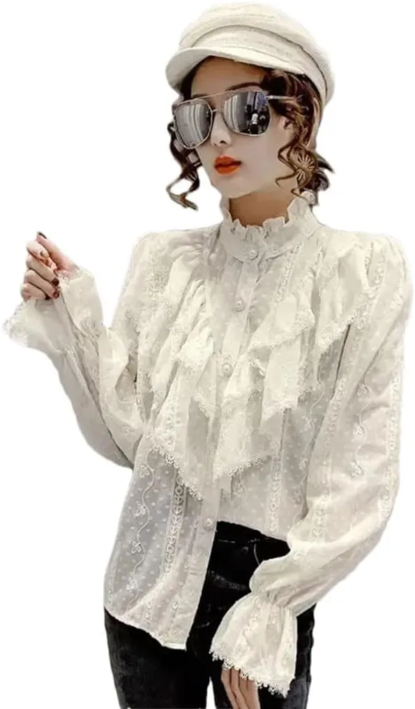 Women Long Sleeve Loose Button White Shirt Stand Collar Pleated Tops Ruffle Lace Blouse Blusas