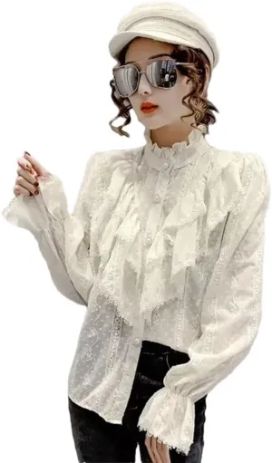 Women Long Sleeve Loose Button White Shirt Stand Collar Pleated Tops Ruffle Lace Blouse Blusas
