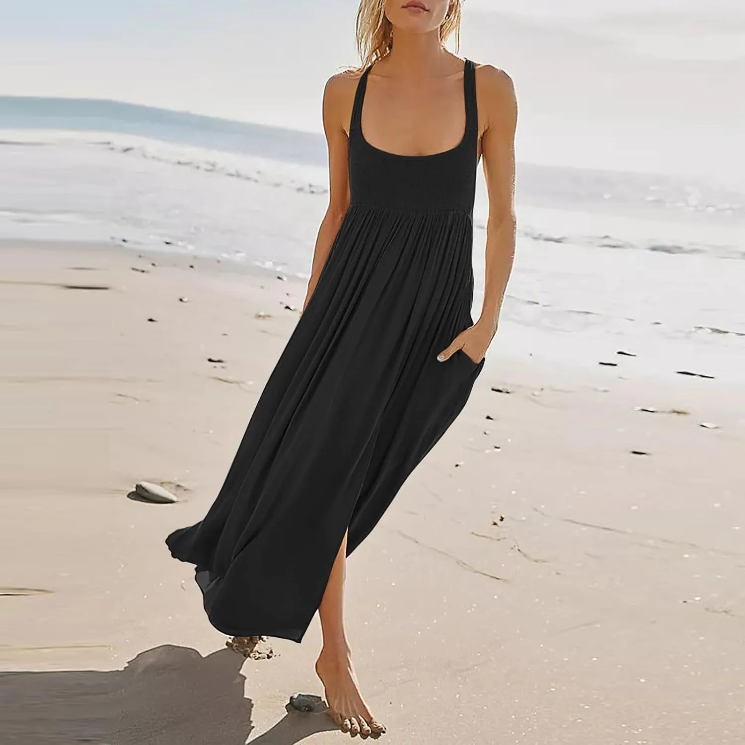 Women Loose Fit Flowy Spaghetti Strap Summer Casual Sleeveless Dress Flowy Long Maxi Beach Vacation Dresses Pockets