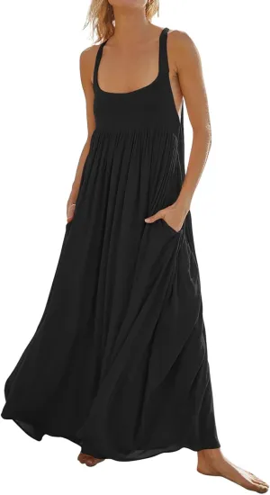 Women Loose Fit Flowy Spaghetti Strap Summer Casual Sleeveless Dress Flowy Long Maxi Beach Vacation Dresses Pockets