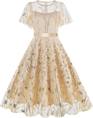 Women Mesh Floral Embroidery Vintage Cocktail Swing Dress Ruffle Sleeve Embroidered Floral Dress for Women Tulle Prom Dress