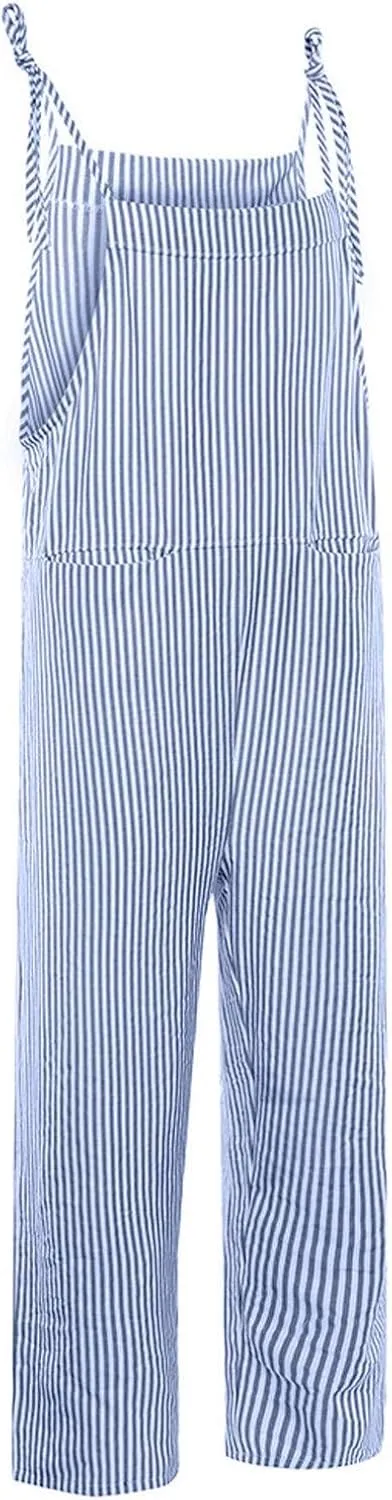 Women Oversized Summer Casual Stripes Cargo Jumpsuit Wide Leg Bib Pants Striped Linen Overalls Trendy Dungarees Pocket