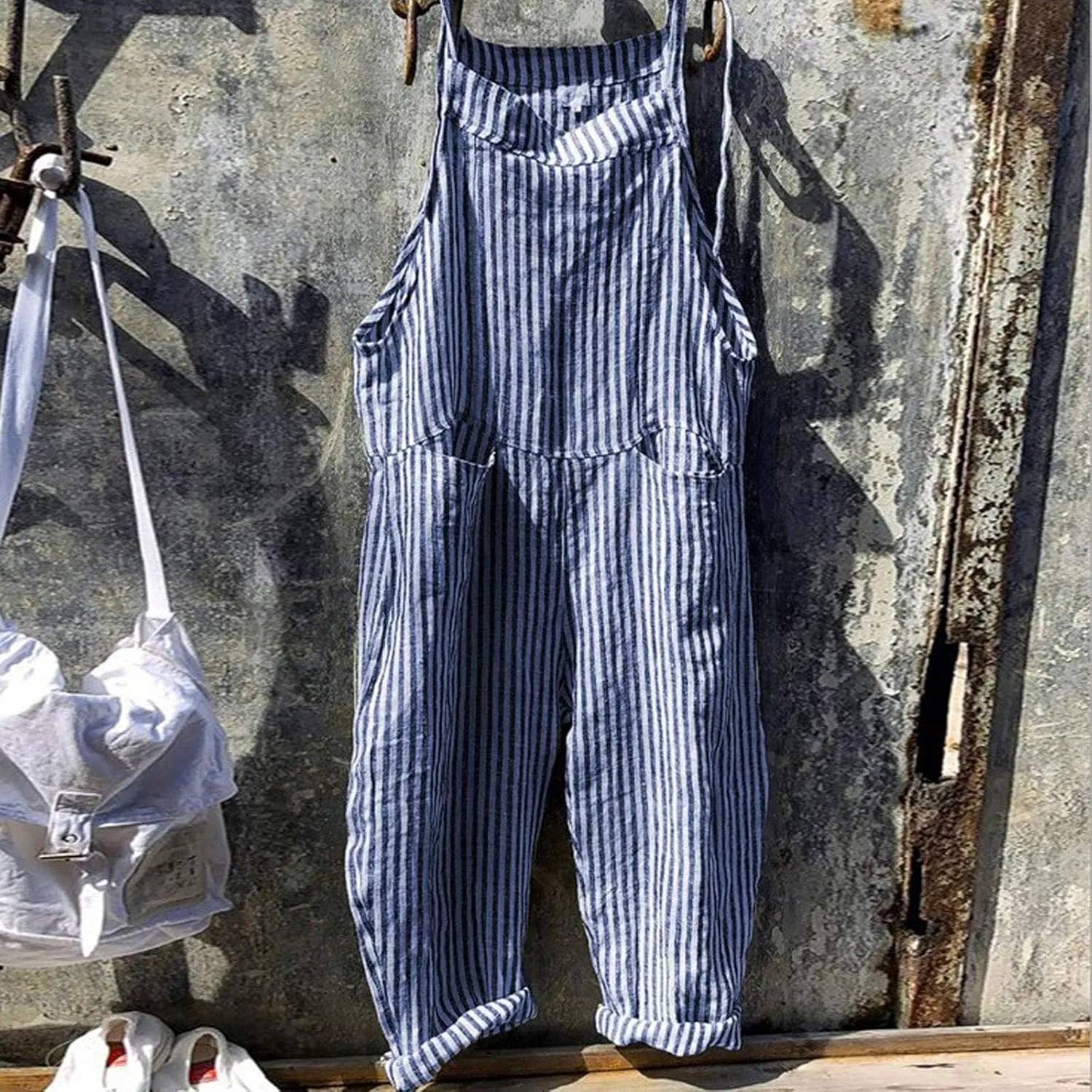 Women Oversized Summer Casual Stripes Cargo Jumpsuit Wide Leg Bib Pants Striped Linen Overalls Trendy Dungarees Pocket