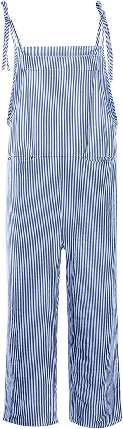 Women Oversized Summer Casual Stripes Cargo Jumpsuit Wide Leg Bib Pants Striped Linen Overalls Trendy Dungarees Pocket
