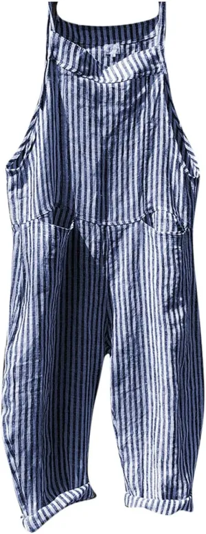 Women Oversized Summer Casual Stripes Cargo Jumpsuit Wide Leg Bib Pants Striped Linen Overalls Trendy Dungarees Pocket