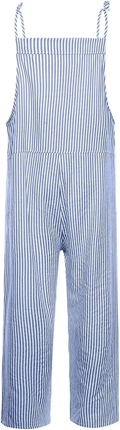 Women Oversized Summer Casual Stripes Cargo Jumpsuit Wide Leg Bib Pants Striped Linen Overalls Trendy Dungarees Pocket