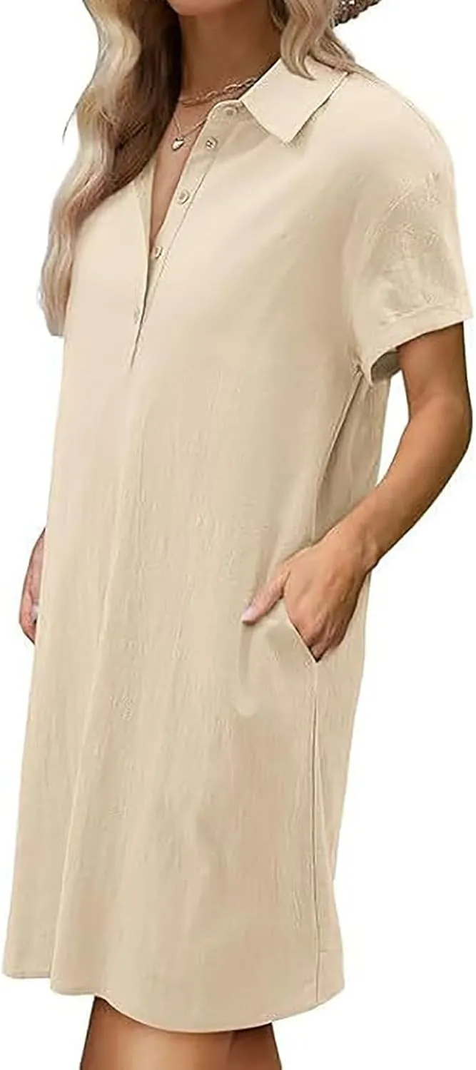 Women Short Sleeve Quarter Button Mini Shirt Dress Summer Baggy Short Sleeve Shift Tunic Dresses with Pockets