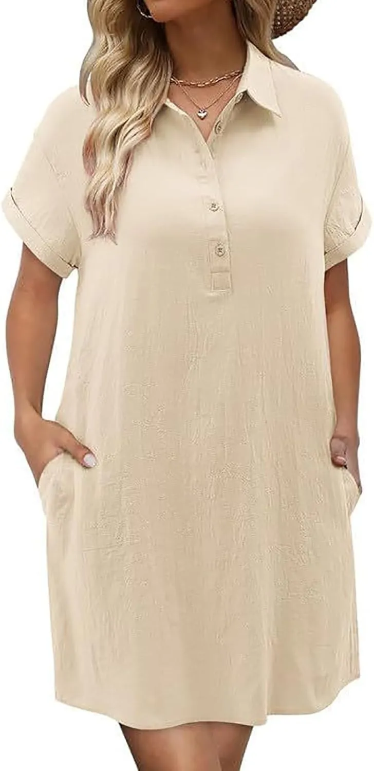 Women Short Sleeve Quarter Button Mini Shirt Dress Summer Baggy Short Sleeve Shift Tunic Dresses with Pockets