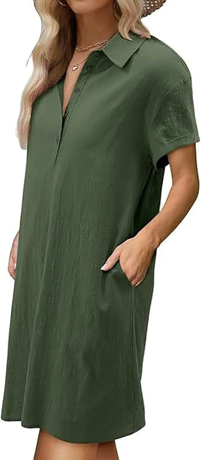 Women Short Sleeve Quarter Button Mini Shirt Dress Summer Baggy Short Sleeve Shift Tunic Dresses with Pockets