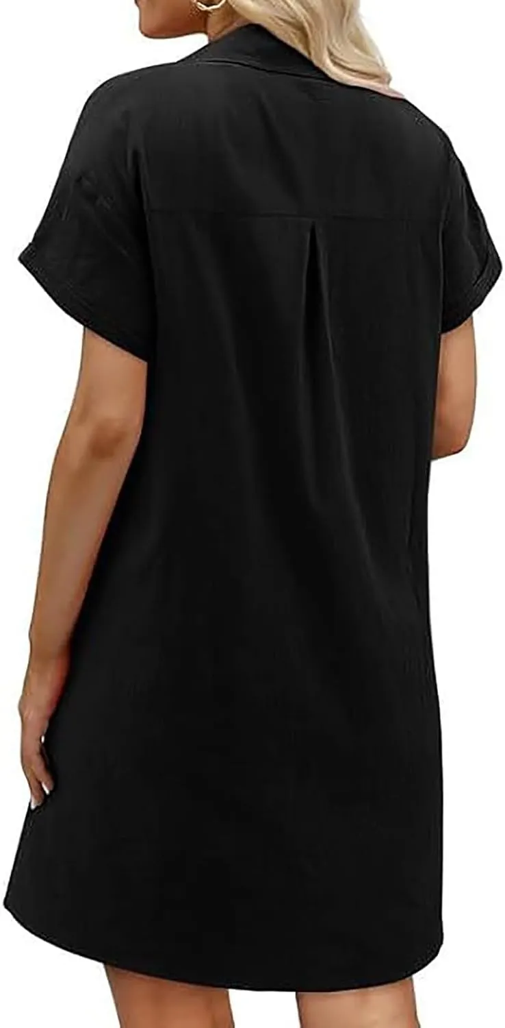 Women Short Sleeve Quarter Button Mini Shirt Dress Summer Baggy Short Sleeve Shift Tunic Dresses with Pockets