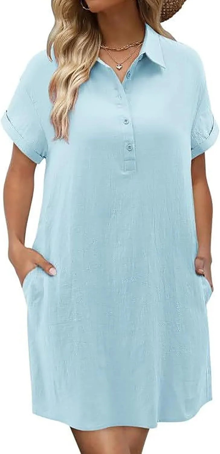 Women Short Sleeve Quarter Button Mini Shirt Dress Summer Baggy Short Sleeve Shift Tunic Dresses with Pockets