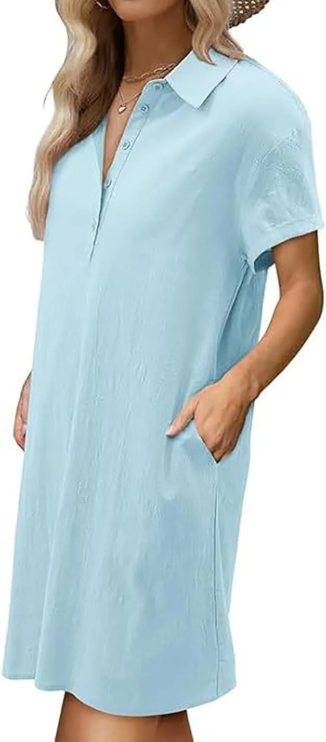 Women Short Sleeve Quarter Button Mini Shirt Dress Summer Baggy Short Sleeve Shift Tunic Dresses with Pockets