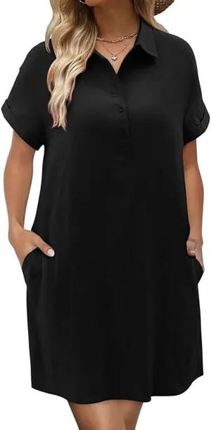 Women Short Sleeve Quarter Button Mini Shirt Dress Summer Baggy Short Sleeve Shift Tunic Dresses with Pockets