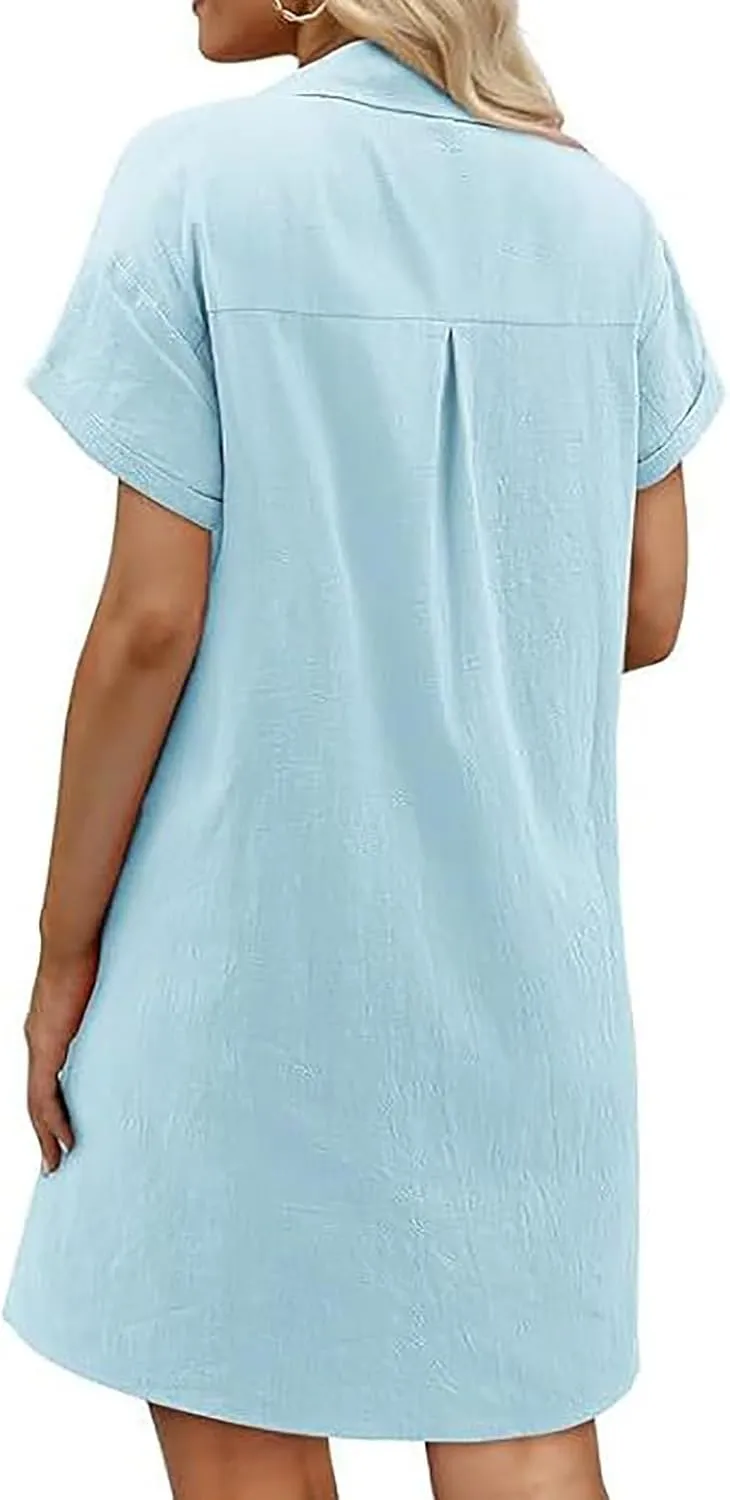 Women Short Sleeve Quarter Button Mini Shirt Dress Summer Baggy Short Sleeve Shift Tunic Dresses with Pockets