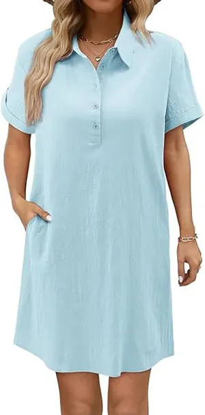 Women Short Sleeve Quarter Button Mini Shirt Dress Summer Baggy Short Sleeve Shift Tunic Dresses with Pockets
