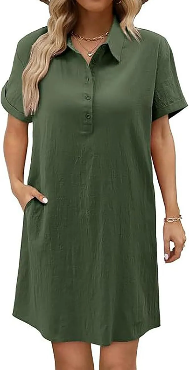 Women Short Sleeve Quarter Button Mini Shirt Dress Summer Baggy Short Sleeve Shift Tunic Dresses with Pockets
