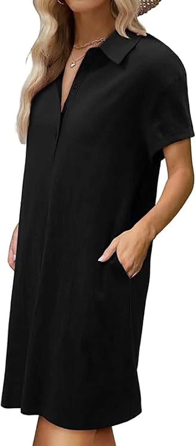 Women Short Sleeve Quarter Button Mini Shirt Dress Summer Baggy Short Sleeve Shift Tunic Dresses with Pockets