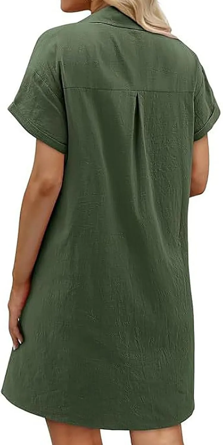 Women Short Sleeve Quarter Button Mini Shirt Dress Summer Baggy Short Sleeve Shift Tunic Dresses with Pockets