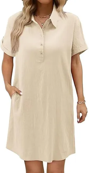 Women Short Sleeve Quarter Button Mini Shirt Dress Summer Baggy Short Sleeve Shift Tunic Dresses with Pockets
