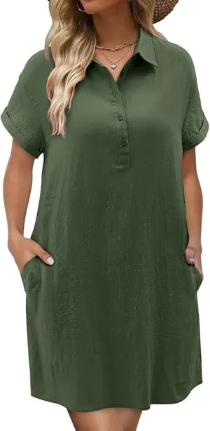 Women Short Sleeve Quarter Button Mini Shirt Dress Summer Baggy Short Sleeve Shift Tunic Dresses with Pockets